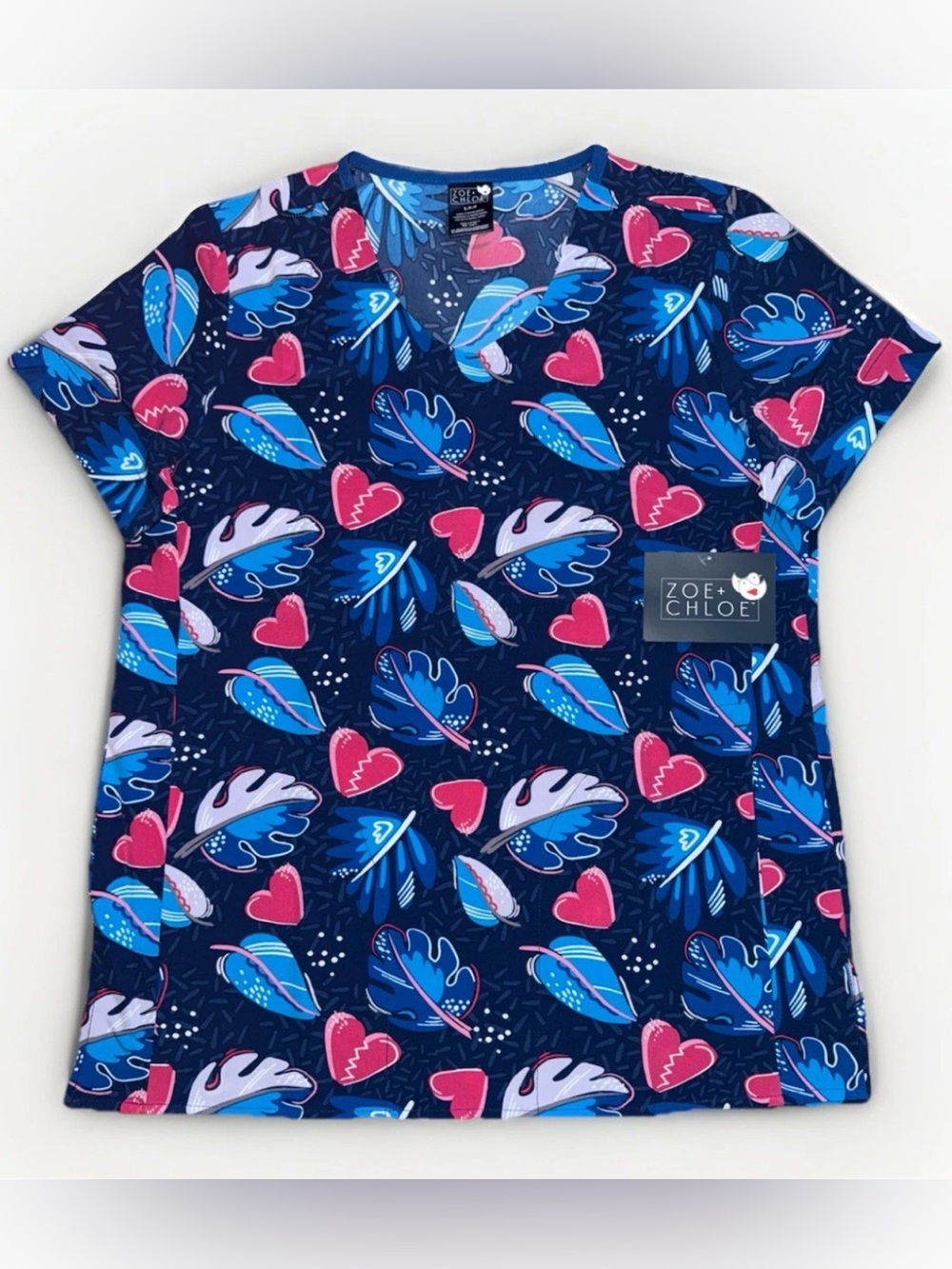 Zoe + Chloe Women Sz S Scrub Heart Leaves Short Sleeve Nurse Blue Adjustable New